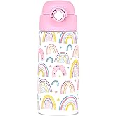 Ntswasd Girls Insulated Water Bottle with Covered Pop-Up Straw,16 oz Kids Cups with Stainless Steel Leak Proof for School(Rainbow-Pink)
