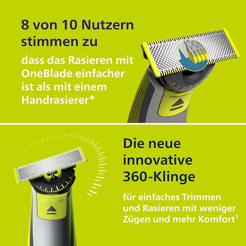 OneBlade 360 Face - elektrischer Rasierer & Trimmer, 2x 360 Klingen, 3x Trimmaufsätze (1/3/5mm), Nass- & Trockenrasur, Akku-USB, fürs Gesicht (QP2724/31)