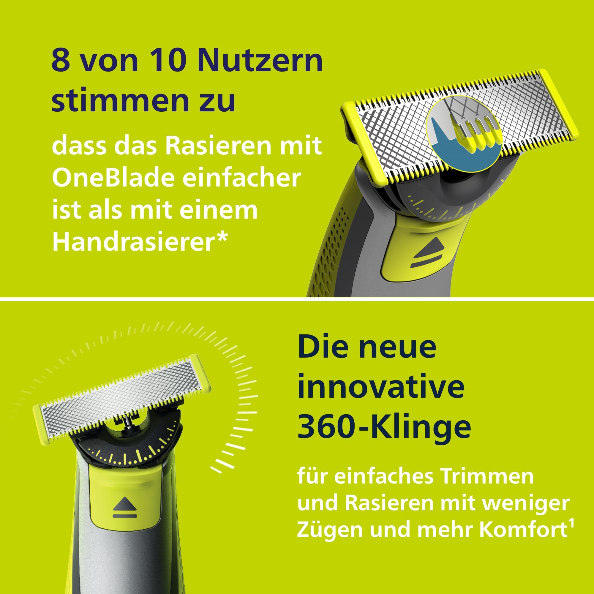 PHILIPS OneBlade 360 Face - elektrischer Rasierer & Trimmer, 2x 360 Klingen, 3x Trimmaufsätze (1/3/5mm), Nass- & Trockenrasur, Akku-USB, fürs Gesicht (QP2724/31) 4