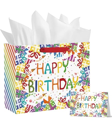 13\" Large Colorful Gift Bag Set With Greeting Card And Tissue Papers (Happy Happy Happy Happy Birthday) For Girls' Birthday Party, Women's Birthday Parties, Baby Shower, Baby Girl - 10.2\"x5.2\"x13\", 1