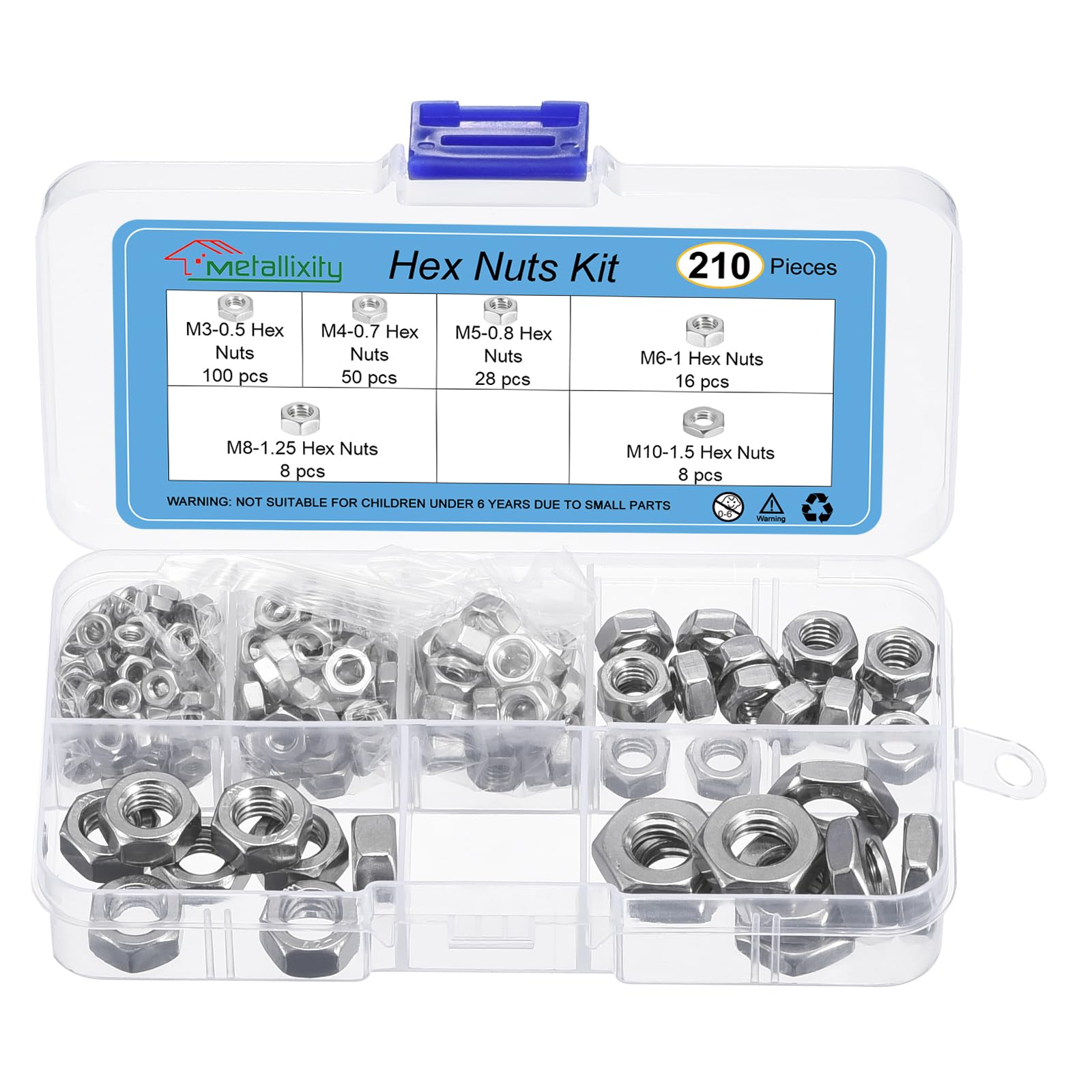 METALLIXITY Hex Nuts Assortment Kit (M3-0.5, M4-0.7, M5-0.8, M6-1, M8-1.25, M10-1.5) 210Pcs, 304 Stainless Steel Hexagon Nut Hardware