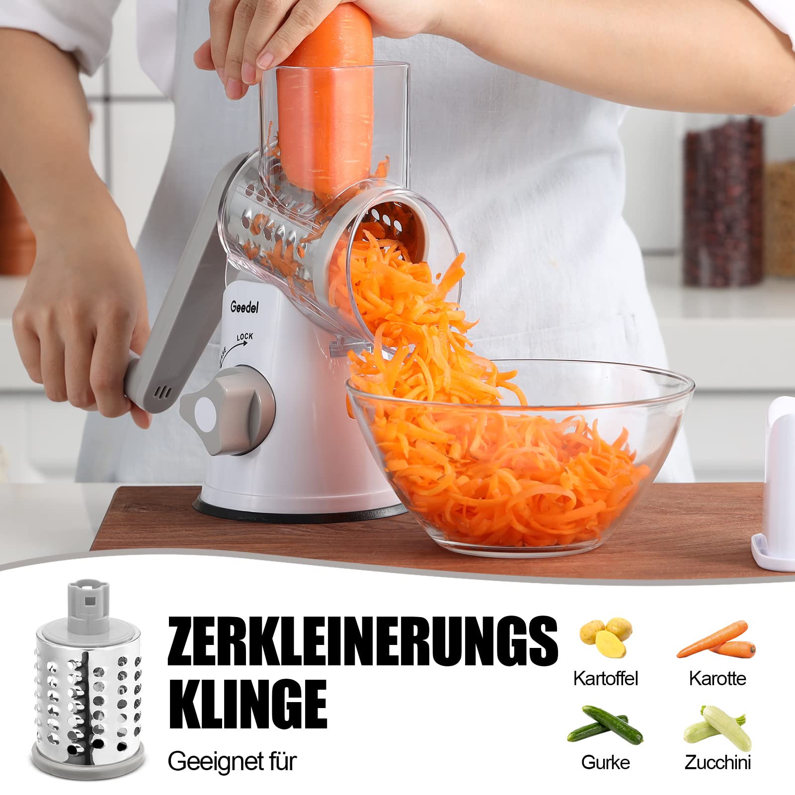 Käsereibe, Reibe für Gemüse mit 3 Trommelblättern, Trommelreibe Schnelleres und Einfaches Schneiden, Gemüseschneider Ideal für Käse, Gurken, Karotten, Nüsse usw 4