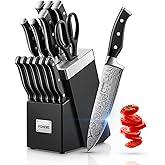 Knife Set, FOHERE 14 Pieces Self Sharpening Knife Block Set, High Carbon Stainless Steel Waved Pattern Knife Set with Block, Rust & Stain Resistant Kitchen Knives and Triple Riveted Handle, Black