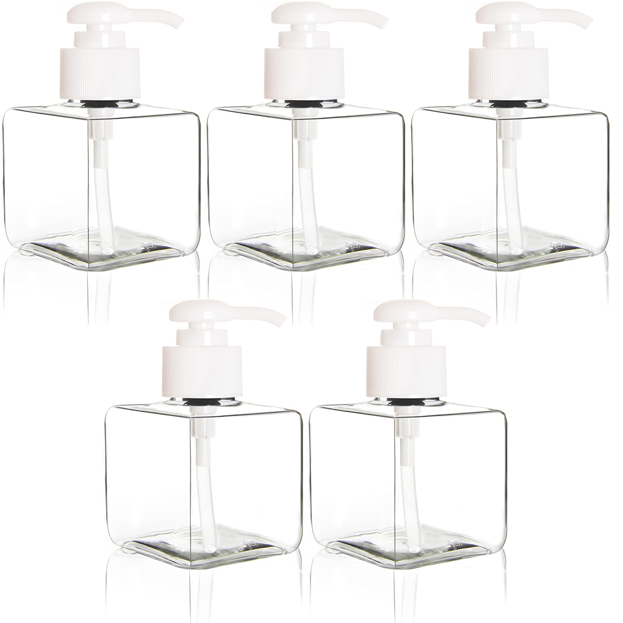 Youngever 5 Pack 250ML Clear Plastic Square Pump Bottles, Refillable Plastic Pump Bottles for Dispensing Lotions, Shampoos