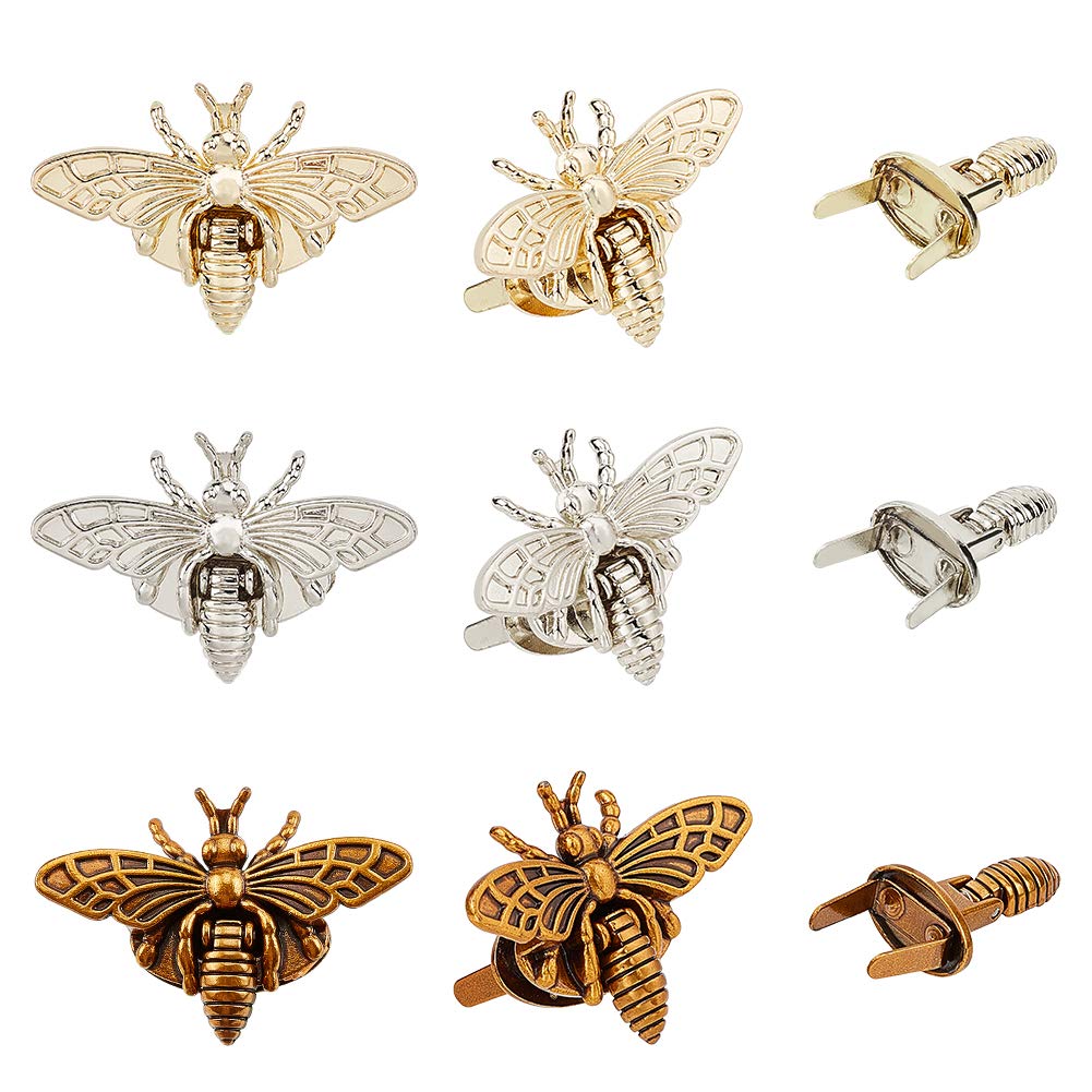 PH PandaHall 6 Sets 3 Colors Bee Twist Lock Light Gold Tuck Lock Bag Clasp Accessories for Leather Bag DIY, Antique Bronze/Platinum/Light Gold