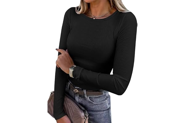 ANRABESS ANRABESS Women Long Sleeve Shirts Ribbed Fitted Tops | Slim Basic Tee,2026 Fall Outfits,Lightweight K