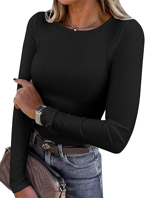 ANRABESS Women Long Sleeve Shirts Rib Knit Slim Fit Tops Basic Tee 2025 Fall Outfits Casual T-Shirt Underscrubs Layer Clothes Black X-Large