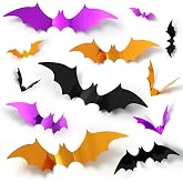 96Pcs Bats Halloween Decoration Sticker, Black Orange Purple Bat Wall Decor | 3D Bat, 5 Size, Realistic PVC, DIY Home Decor Wall Decal, Bathroom Indoor Outdoor Window Décor Halloween Party Supplies