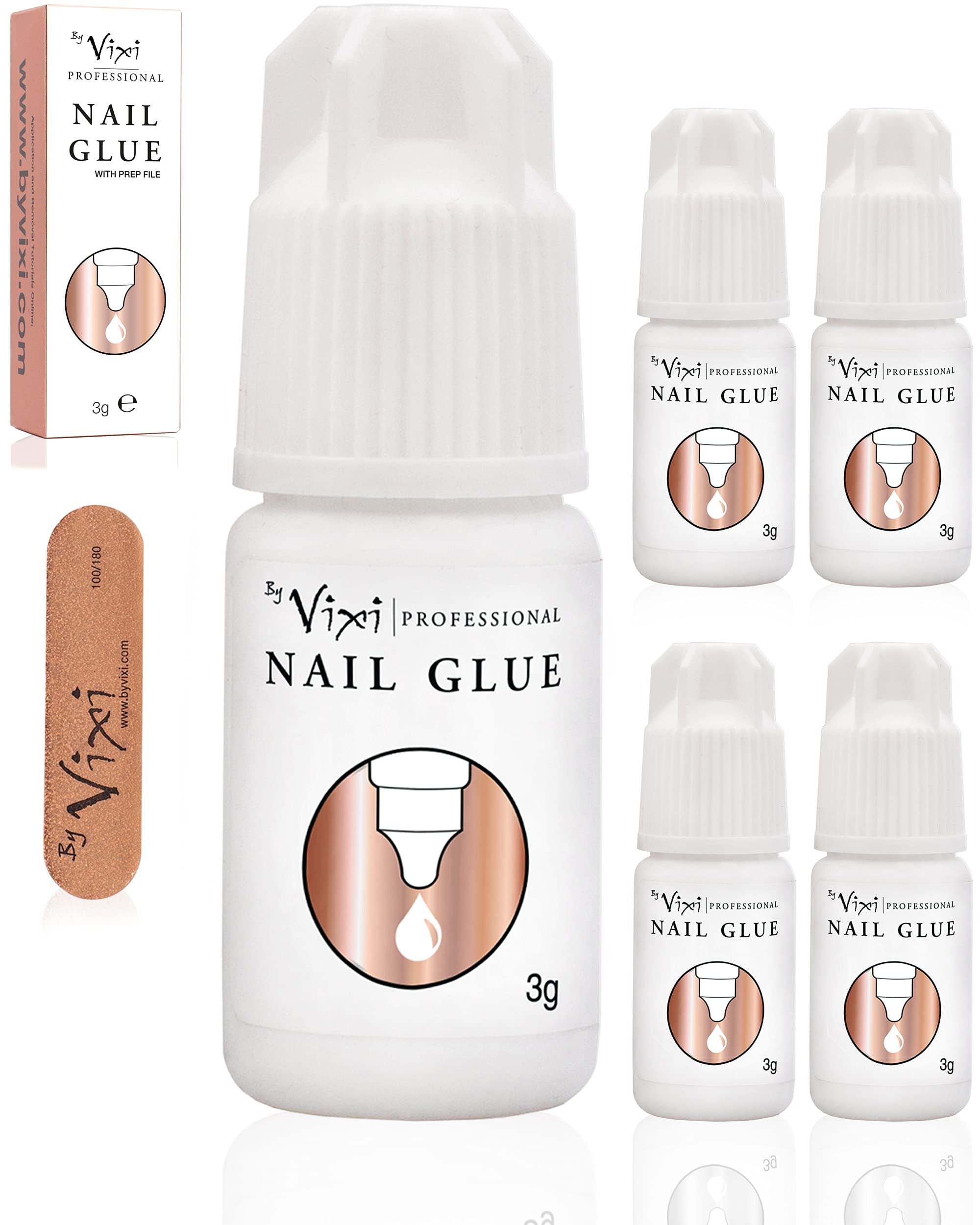 3ml x5 By Vixi EXTRA STRONG NAIL GLUE with File for False Nails, Press Ons, Tips & Acrylics, Quick Dry, Super Strong Nail Bond Adhesive for Mess Free Press-On Fake Nails – Salon Strength, Long Lasting