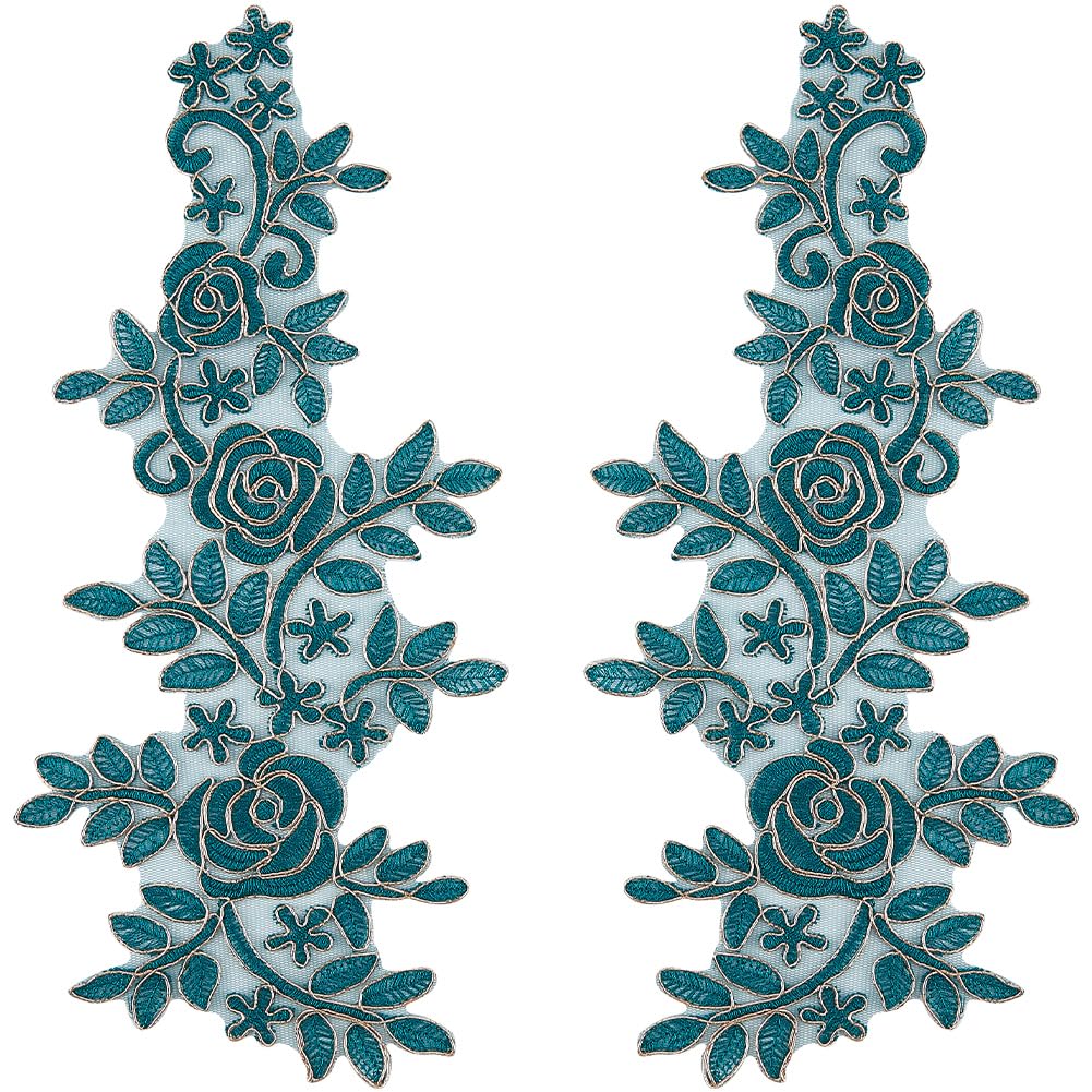 GORGECRAFT 4Pcs Flower Embroidery Lace Appliques Embroidered Sewing Patch Gold Metallic Edge Floral Leaves Fabric Sew on Applique for DIY Crafts Wedding Dress Backpacks Jeans Dark Green