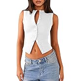 Pungdra Womens Button Down Tank Top Sleeveless Ribbed Fitted Vest Casual Crewneck Trendy Y2K Going Out Crop Knit Vest Top