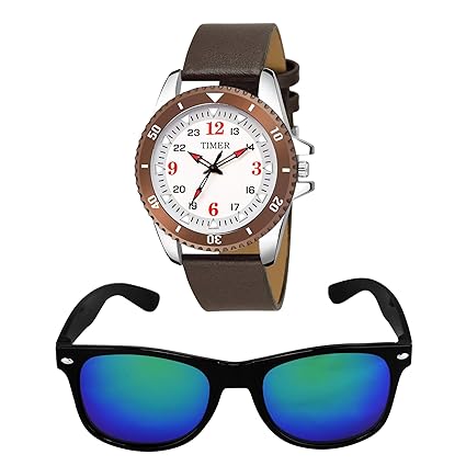 Carlos Timer Chronograph White Dial Analogue Brown Strap Wrist Watch with Fashionable Sunglass for Men