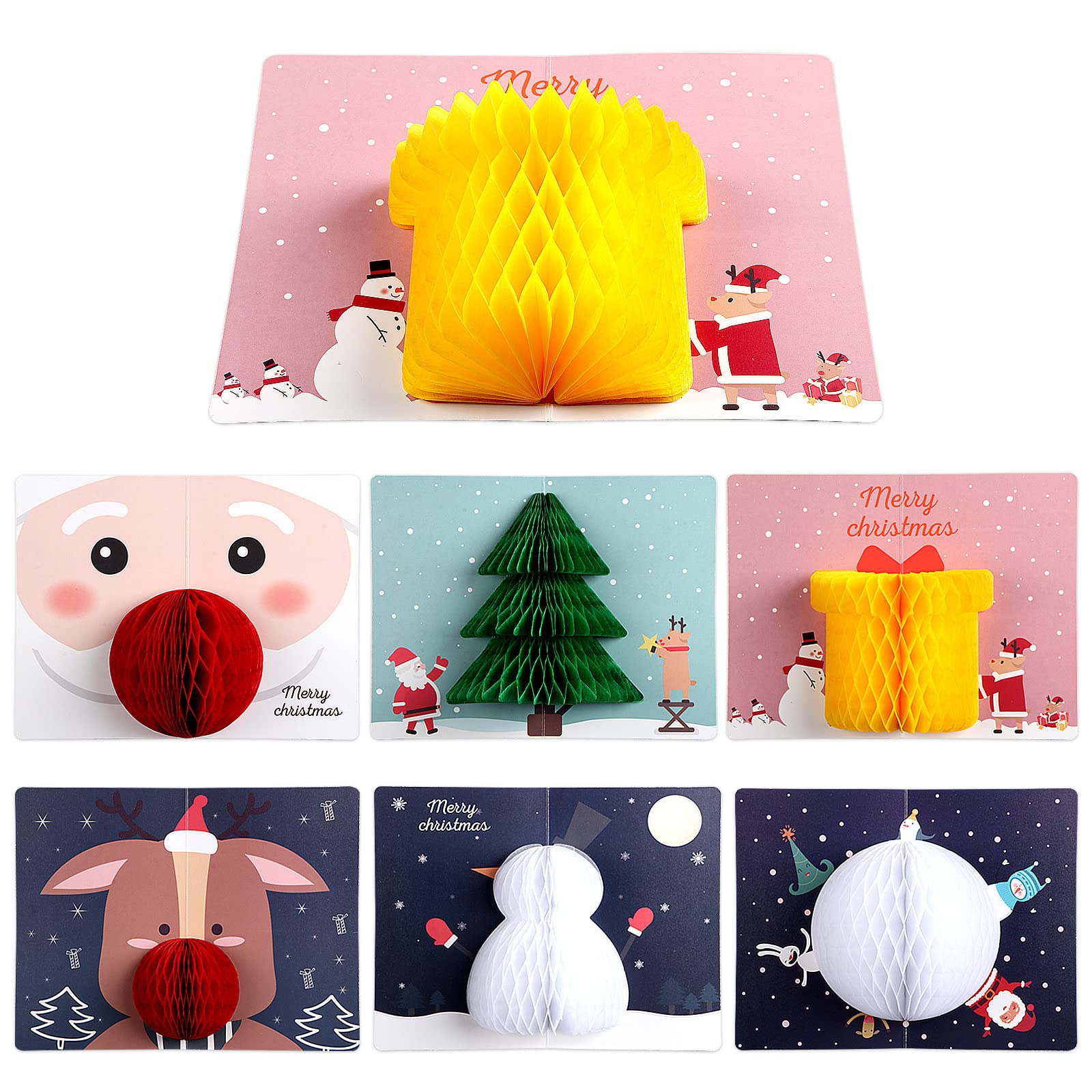 Christmas Cards Pack 6PCS, 3D Pop Up Christmas Card with Envelope, Funny Kids Greeting Cards Gifts, Luxury Gift Card