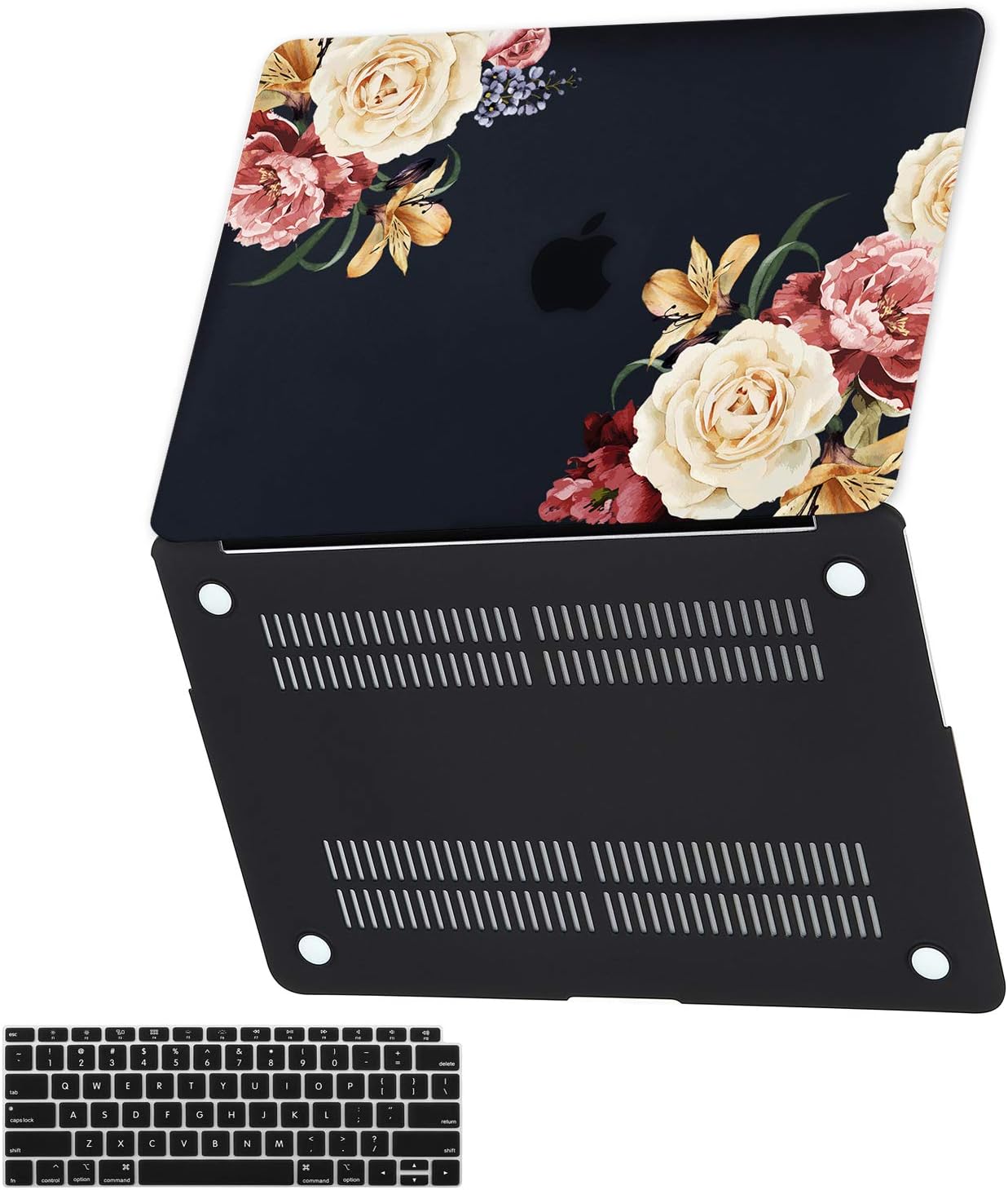 EkuaBot Black Peony MacBook Pro 13 inch Case & Keyboard Cover(A2159/A1989/A1706/A1708, New Version 2016-2019 Release), Matt Hard Case Only Compatible MacBook Pro 13.3