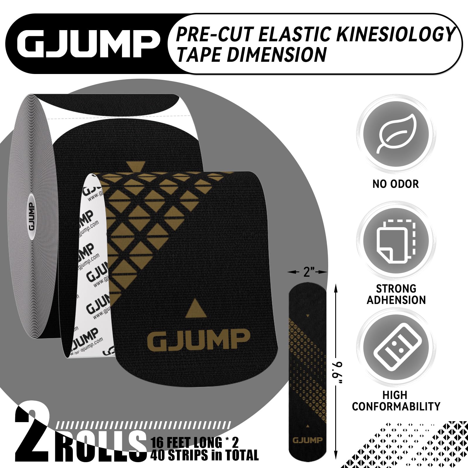 GJUMP Kinesiology Tape, Precut Athletic Sports Tape 40 Strips (2 Rolls), Waterproof Breathable Muscle Tape for Pain Relief & Joint Support
