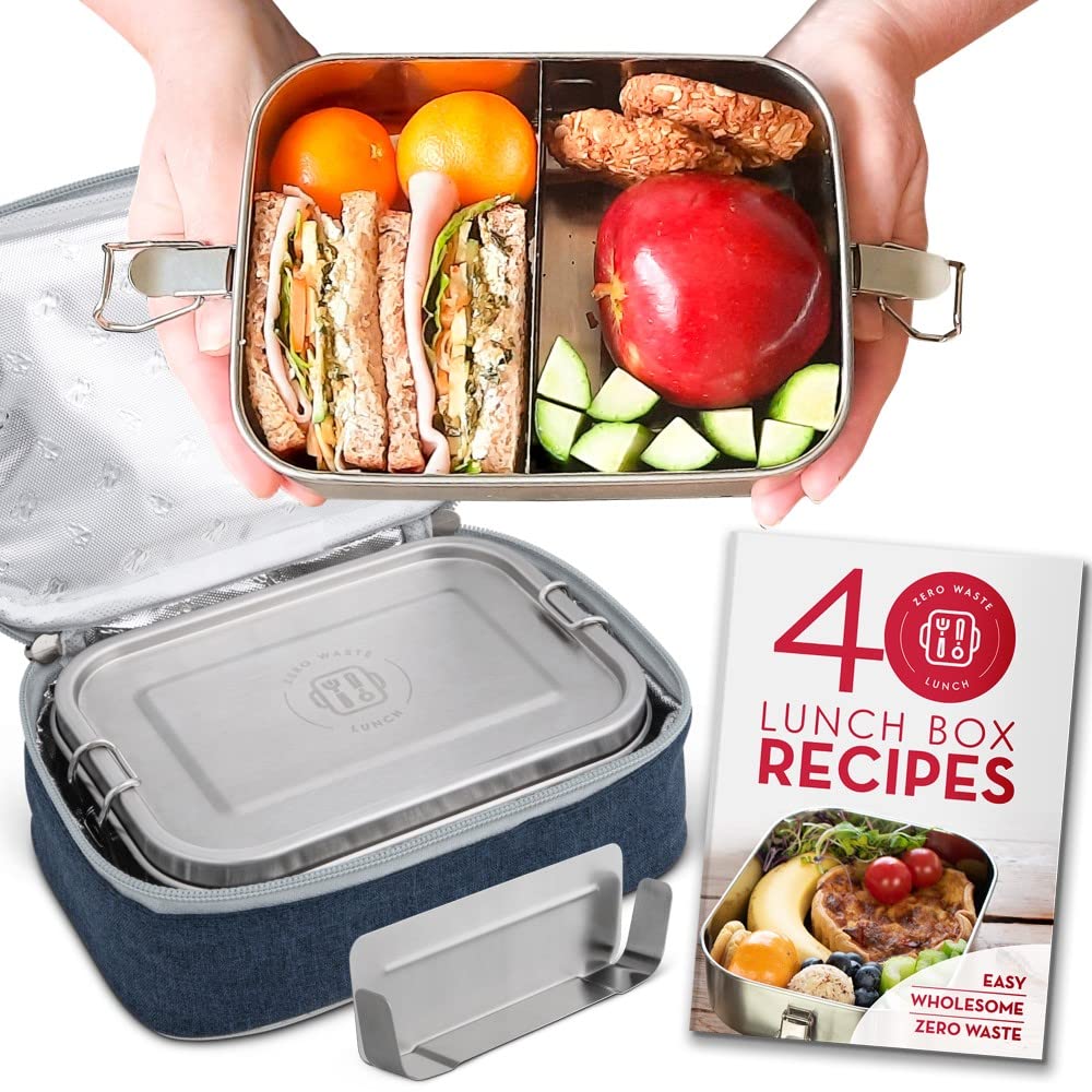 Country Trading Co. Stainless Steel Lunch Box with Bag | Removable Bento Divider | Leak Proof Lid | Container for Salads, Snacks, Leftovers | Plus Lunch Box Ideas Recipe Book | Medium Size