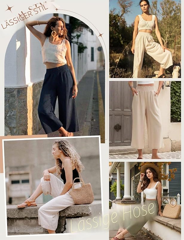 Damen Leinenhose Sommer 3/4 Culotte Hose Leichte Weite Casual Baumwolle Freizeithose Elegant Sommerhose Elastische Taille Stoffhose Loose Fit Strandhose mit Taschen (Schwarz, S)