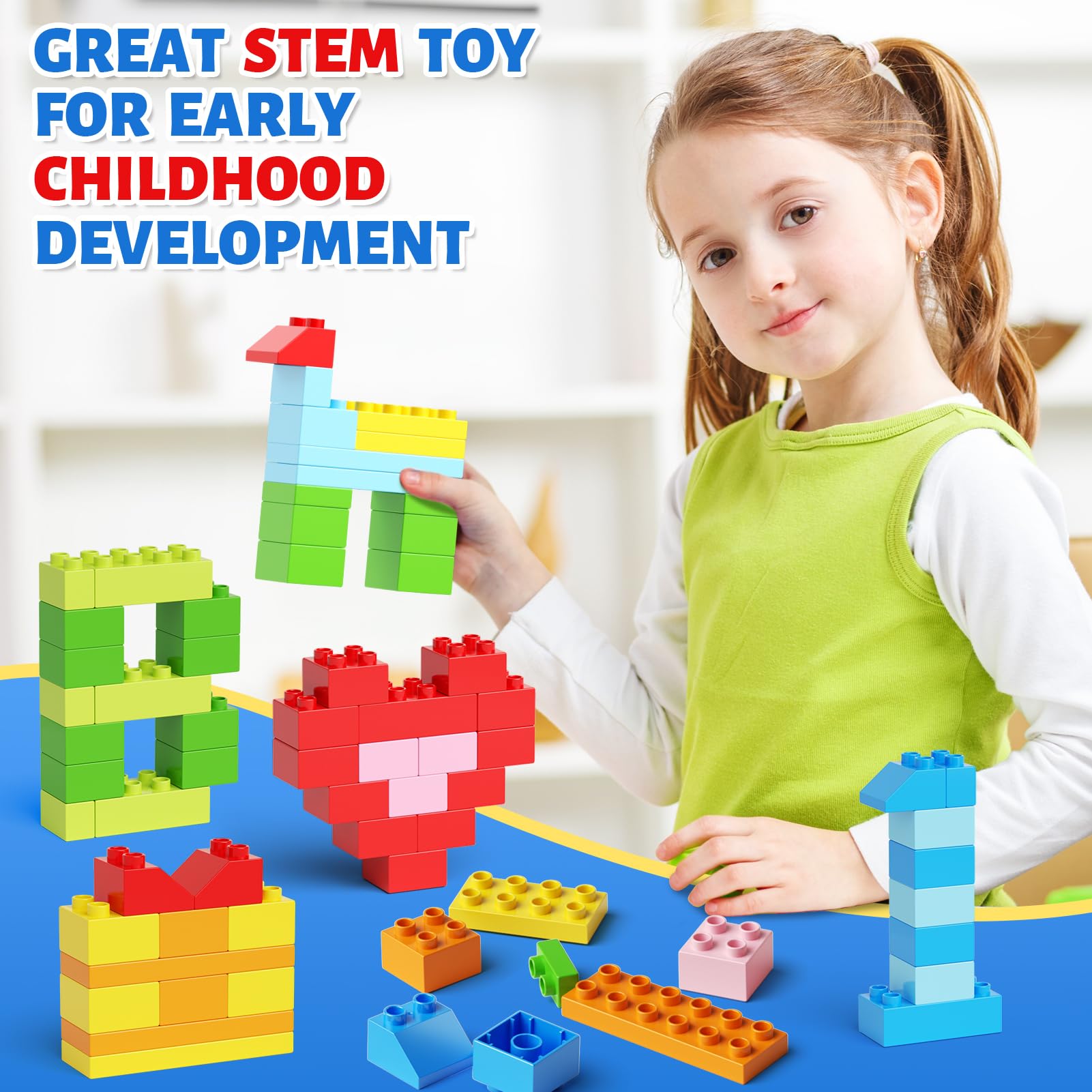 burgkidz 150PCS Jumbo Building Blocks with Clear Storage Box & Baseplate Lid - STEM Educational Toys for Toddlers 3+ Years, Compatible with Major Building Systems