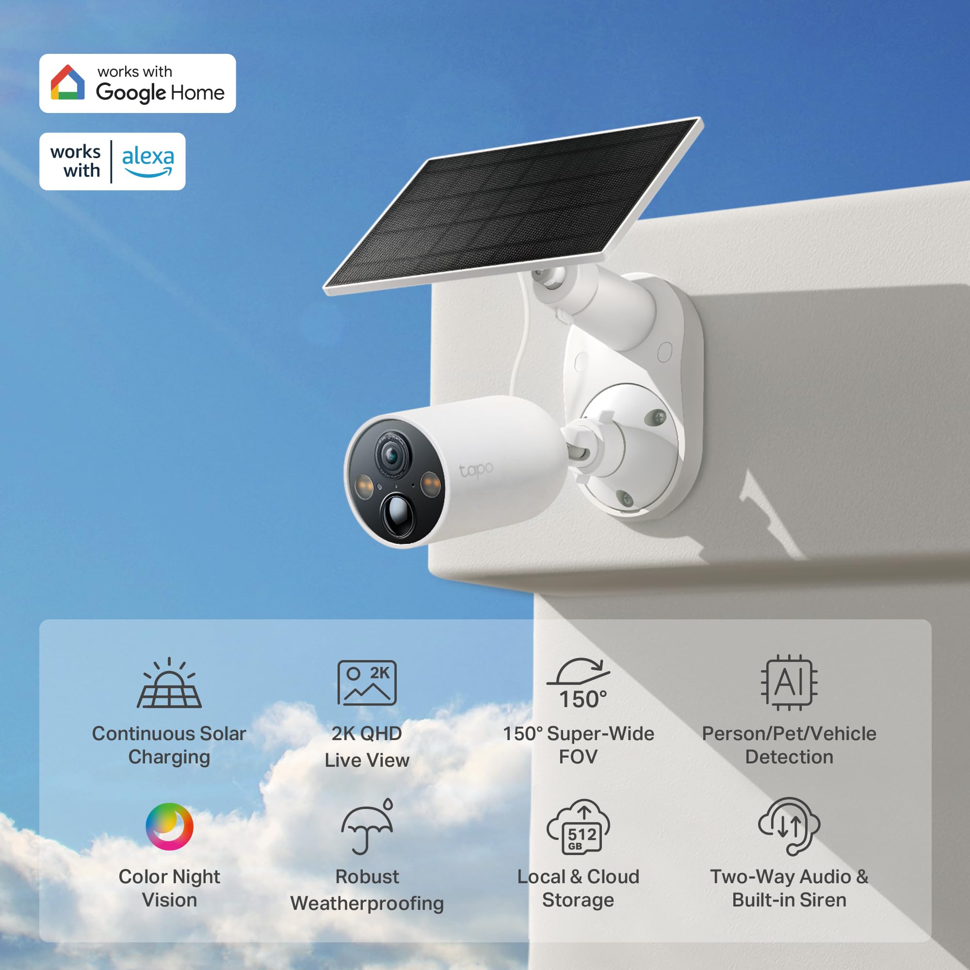 Tapo SolarCam 2K, Outdoor Battery Camera w/Solar Panel Base, Wireless Camera, 2K QHD, 150° Super-Wide FOV, Free Person/Vehicle/Pet Detection, SD/Cloud Storage, Starlight Color Night Vision