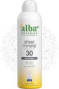 Alba Botanica Sheer Mineral Sunscreen Spray, SPF 30, Fragrance-Free Broad Spectrum, Water Resistant and Biodegradable, 5 fl. 
