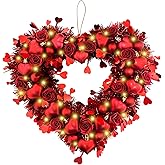 15 Inch Valentines Heart Wreaths for Front Door Original Design Red Tinsel Heart Shaped Roses Ornament Wreaths Decorations with LED Lights for Front Door Window Wall for Home Wedding （Rose）