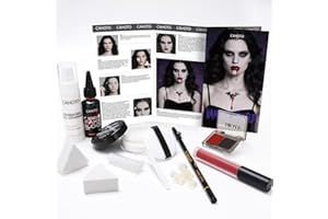 CAHOTO Halloween Vampire SFX Makeup Kit, Complete Makeup Set Include White Liquid Foundation, Vampire Teeth Fangs, Fake Blood, Setting Powder, Eyeshadow & Black Lipstick for Cosplay, Carnival