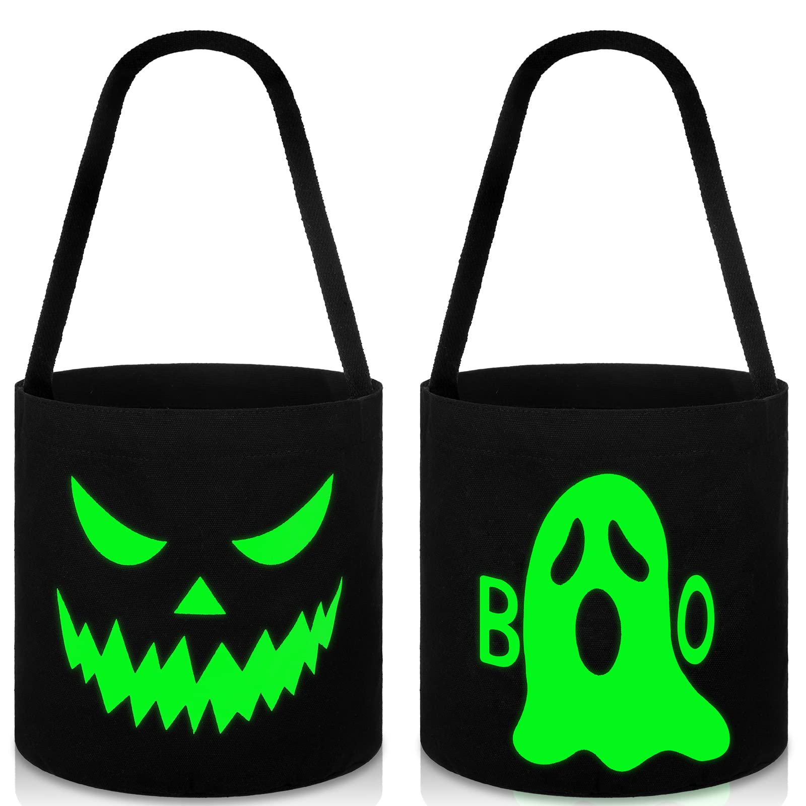 Photo 1 of 2 Pieces Halloween Basket Bag Glow in The Dark Canvas Candy Tote Bag Fluorescent Luminous Black Candy Bucket Halloween Portable Collapsible for Kids Halloween Party Gifts