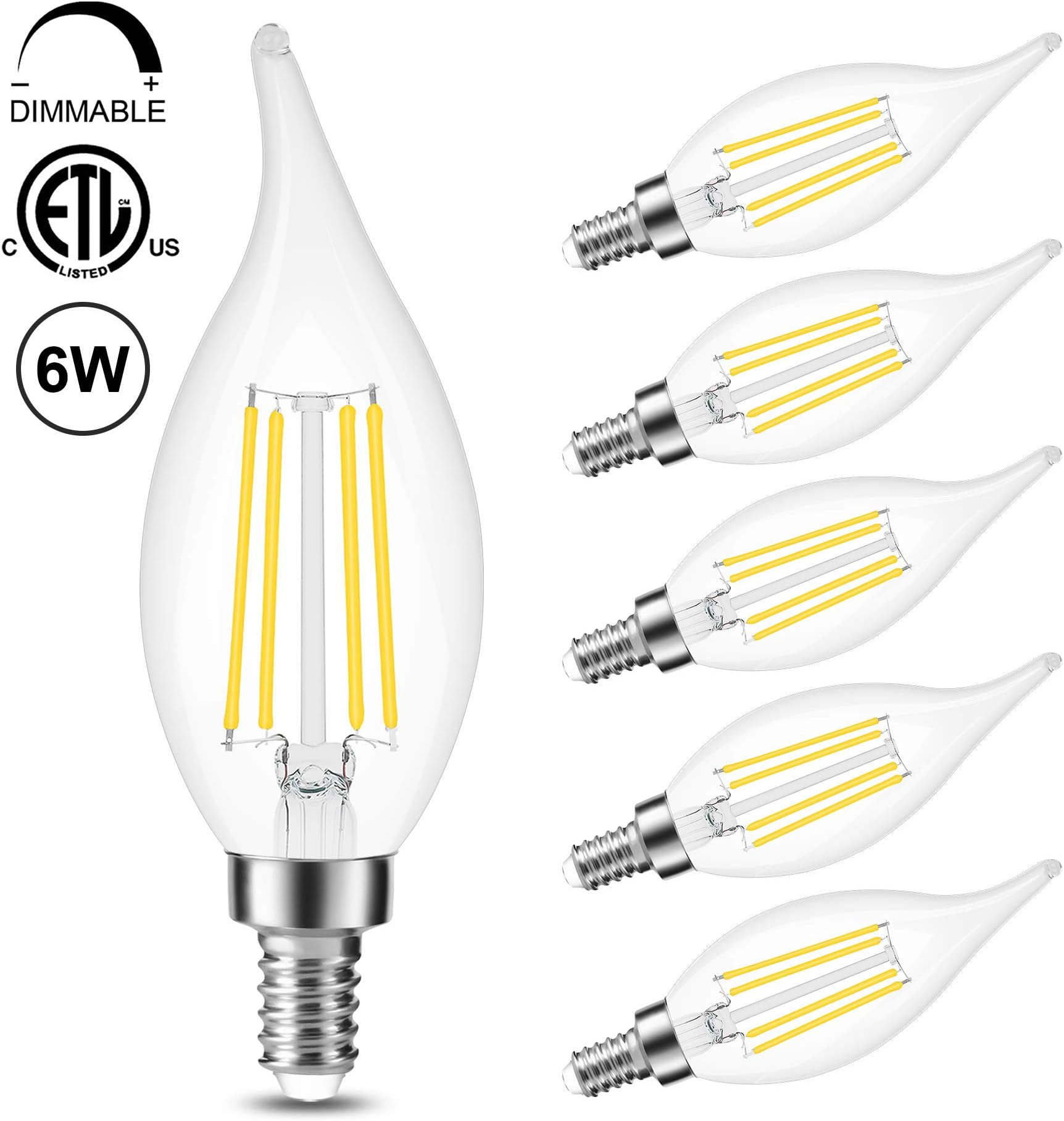 Dimmable E12 LED Candelabra Bulb 6W 60W Equivalent 4000K Daylight 600LM,Cotanic Decorative C35 LED Chandelier Bulb,Flame Tip Ceiling Fan Bulb,Vintage Type B Filament Candle Light Bulb,6 Pack