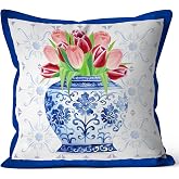 Chinoiserie Vase Tulips Throw Pillow Covers 18x18 Inch for Home Decorative | Grandmillennial Vintage Floral Pattern, For Livi