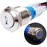 Twidec/16MM Raised Speaker Horn Momentary Push Button Switch 5/8" Mounting Hole 12V Blue Led Light Silver Stainless Steel She