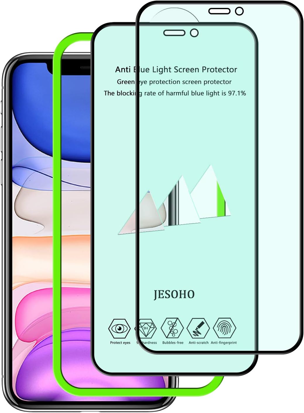 JESOHO Anti Blue Light Screen Protector for iPhone 11 Pro/Xs/X (5.8 inch), Eye Protection Tempered Glass, Full Coverage, Scratch Resistant, Easy to Install [2 Pack] (Blocking rate 97.1%)