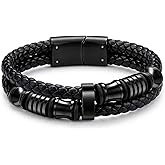 Hengbofeng Braided Leather Bracelet for Men - Double Row Cuff with Steel Clasp - Hypoallergenic 3 Sizes (7.5/8.5/9.5 Inch) - Gift for Dad, Brother, Boyfriend