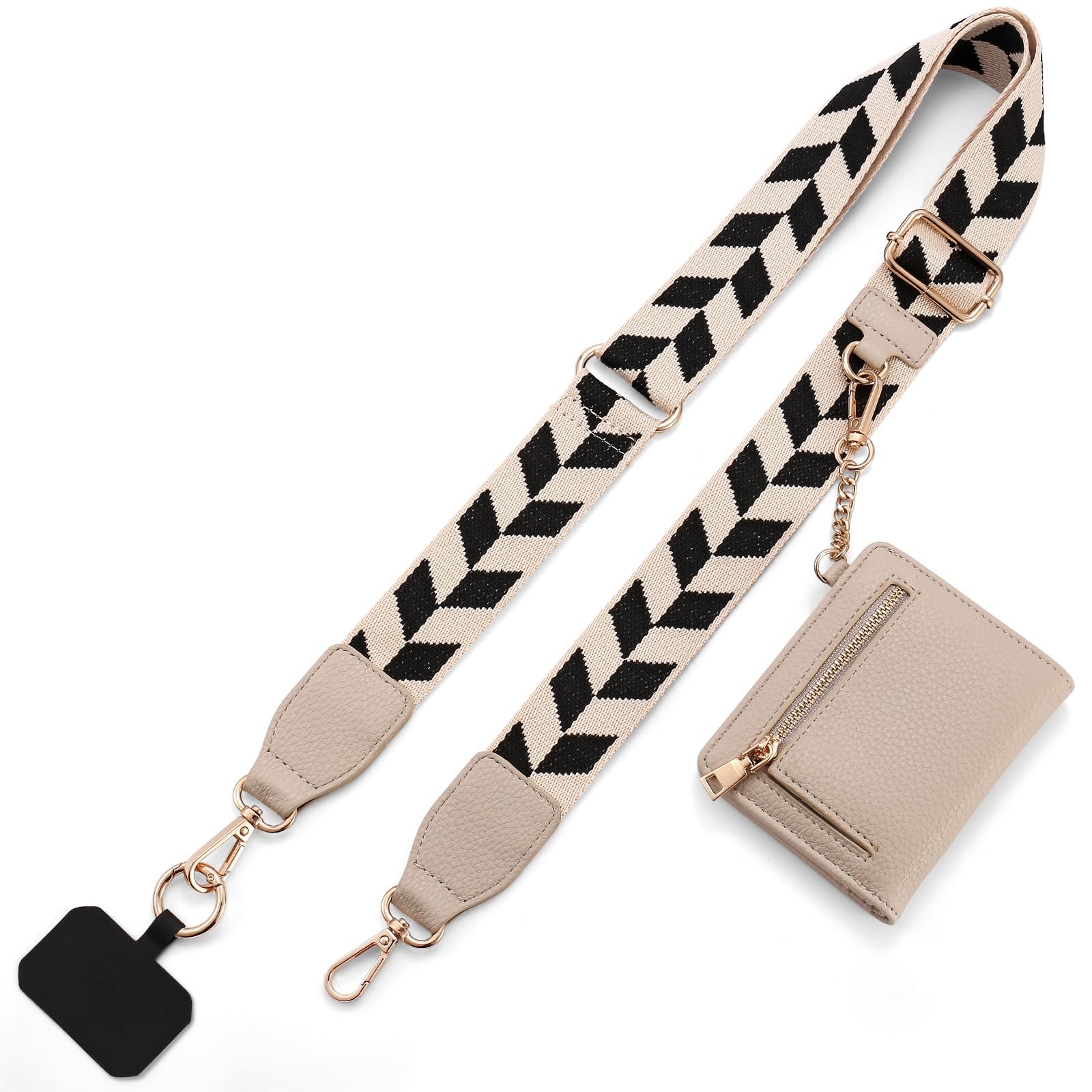 Diaclara Clip and Go Phone Strap with Zipper Pouch- Stylish Crossbody Adjustable Chain Lanyard with Leather Wallet for All Phones, Black and White