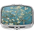 Dynippy Pill Case Pill Box with Mirror Retro Pocket 2 Compartment Medicine Case Vitamin Pill Organizer for Pocket Purse and Travel (Silver-Almond Blossom)