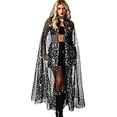 Kaei&Shi Star Tulle Cape,Long Sheer Hooded Cloak Gothic Witch Costume,Celestial Dress For Women Halloween Wedding