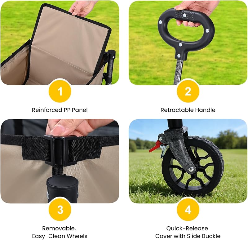 Carro Playa Plegable con Ruedas, Diseño Compacto, 50 kg, Caqui