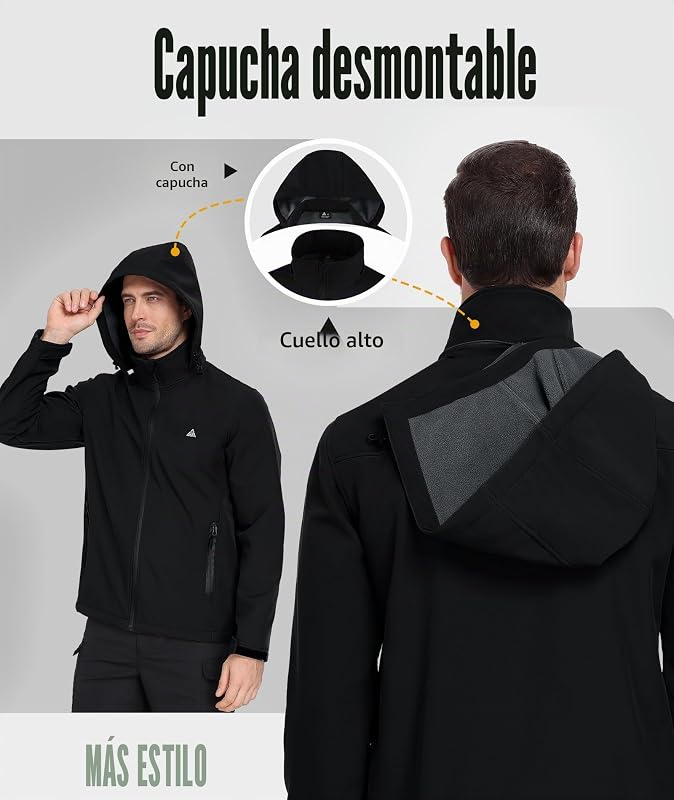 Chaqueta Hombre Softshell de Senderismo Hombre Exteriores Multifuncional Cortaviento Impermeables Invierno Chaquetas Cálida con Capucha con Bolsillos para Marcha Acampada Negro XL — foto 3 de 6