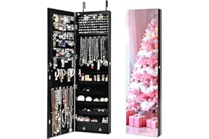 NAFORT 2 LEDs Jewelry Armoire with Full Length Mirror, 47.5" H Wall or Door Mounted Jewelry Cabinet with 2 Drawers, Lockable Jewelry Organizers and Storage, Hanging Jewelry Organizer, Black