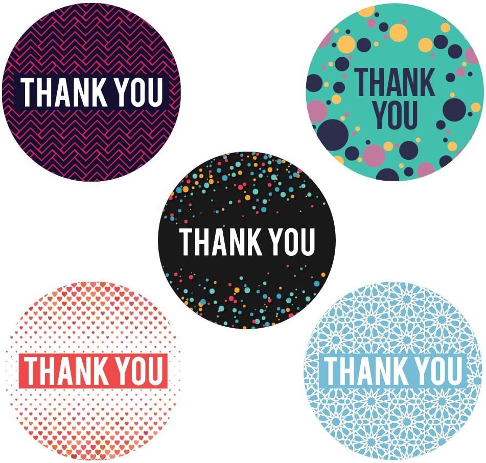 Thank You Stickers Roll -1.5 inches 500 Count Small Adhesive Round Envelope Stickers Labels - 5 Unique Designs - Stickers for Business, Mailers, Baby Shower, Wedding, Graduation, Birthdays,