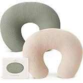 Konssy 2-Pack 100% Cotton Muslin Nursing Pillow Covers, Soft Cover for Baby | Covers Only, Breastfeeding Pillows Slipcovers for Baby Boys &amp; Girls, Hidden Zipper, Machine Washable, (Fog Green, Cream)