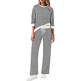 Tankaneo Womens Sweatsuits 2 Piece Sets Striped Long Sleeve Sweatshirt Wide Leg Pants Tracksuit Lounge Set