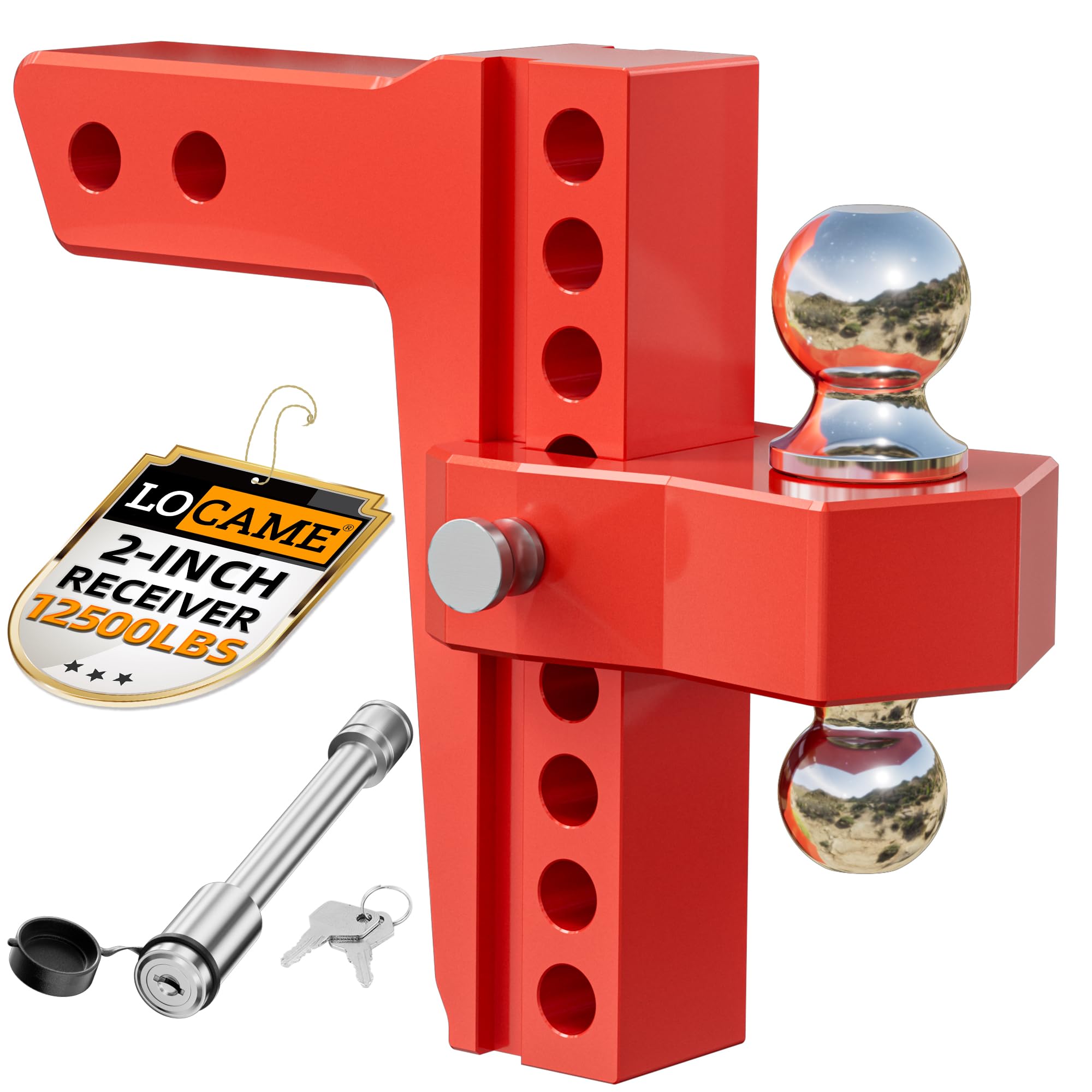 Photo 1 of LOCAME Adjustable Trailer Hitch, Fits 2-Inch Receiver Only, 8-Inch Drop/Rise Aluminum Drop Hitch,12,500 LBS GTW-Tow Hitch for Heavy Duty Truck with Double Stainless Steel Locks, Red, LC0014