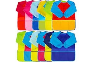 URSKYTOUS 12Pcs Kids Art Smocks Toddler Smocks Waterproof Smocks for Kids Painting Colorful Children Aprons Artist Painting Smocks Long Sleeves With 3 Roomy Pockets for Kids Painting Supplies, Age 3-7 Years
