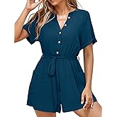 Simplee Women Summer Short Rompers V Neck Button Down Short Sleeve Belted Waist Tie Jumpsuits with Pockets