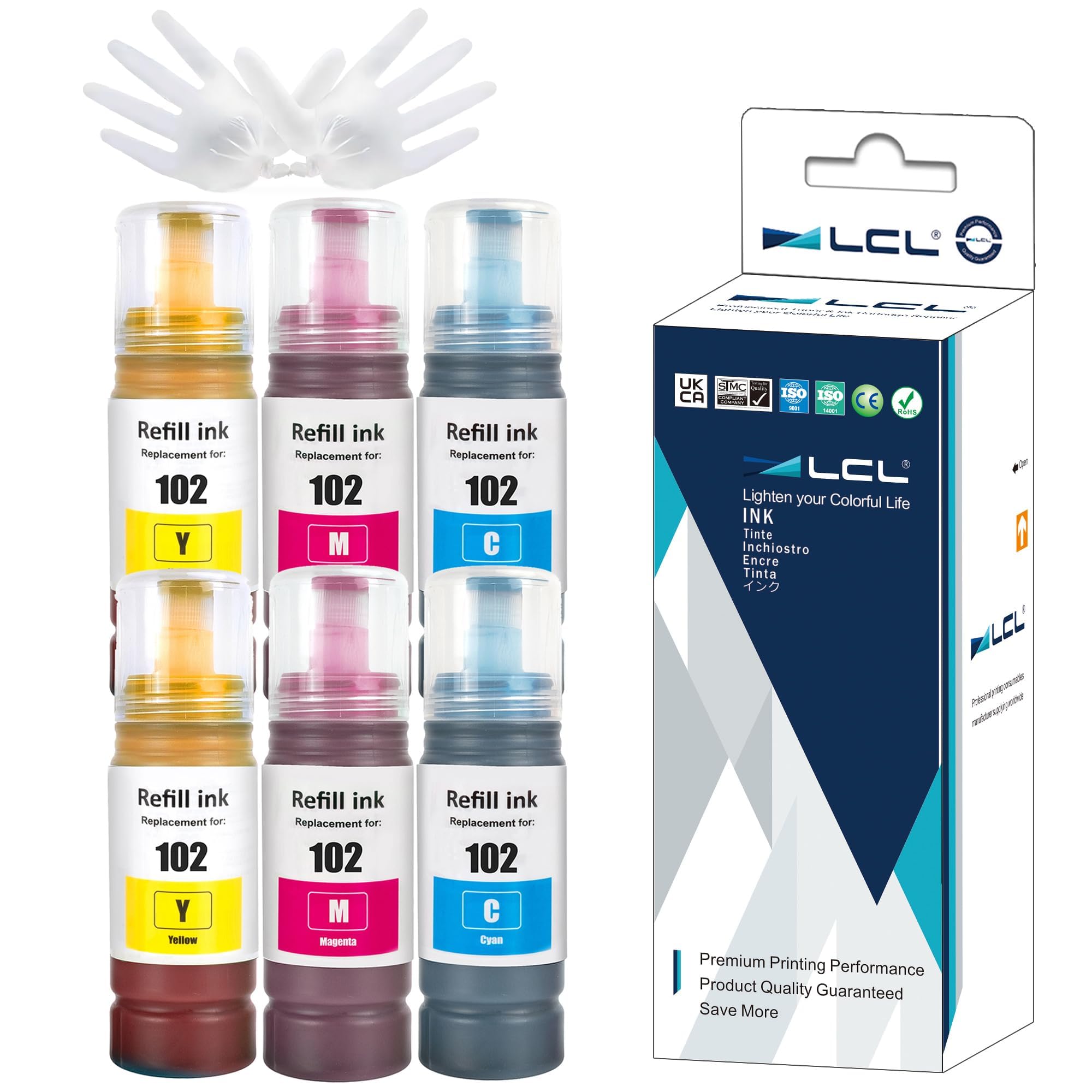 LCL 102 Ink Bottle Replacement for Epson 102 Ink Cartridges Bottle Multipack Compatible with Epson EcoTank ET-2750 ET-2751 ET-2756 ET-2850 ET-2851 ET-2856 ET-3700 ET-3850 ET-4750 ET-4850 (6 Pack)