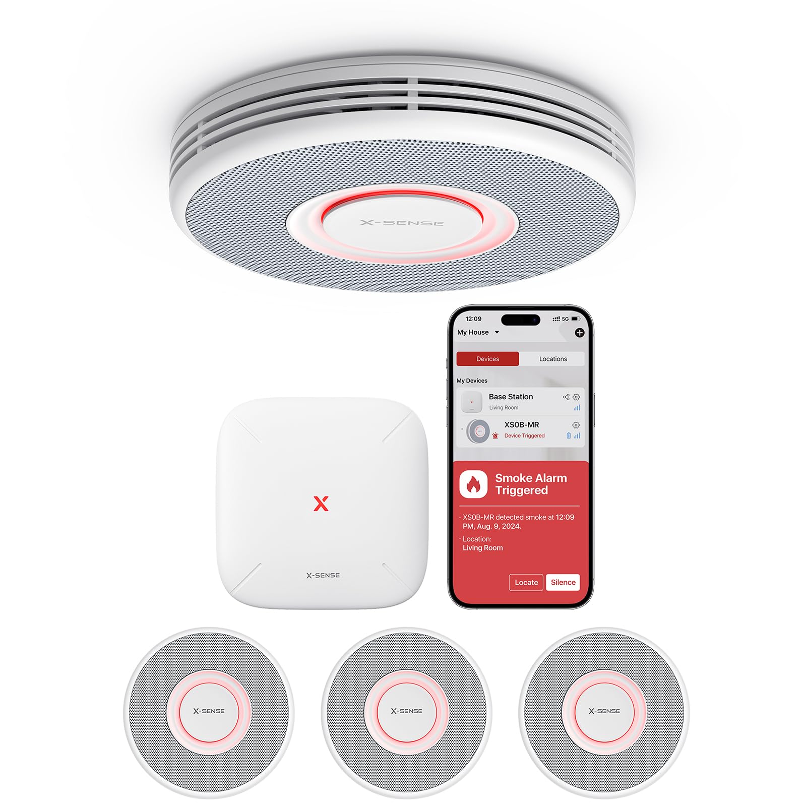 X-Sense Smart Smoke Alarm for Home with English Voice Alerts and 17 Locations, Wi-Fi Smoke Alarm with SBS50 Base Station, Wireless Interlinked Fire Alarm, XS0B-MR31