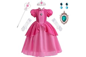 WYB Princess Peach Costume Dress Halloween Cosplay Dress Up for 3-9 Years Girls Kids Outfits with Crown Gloves Scepter Earing