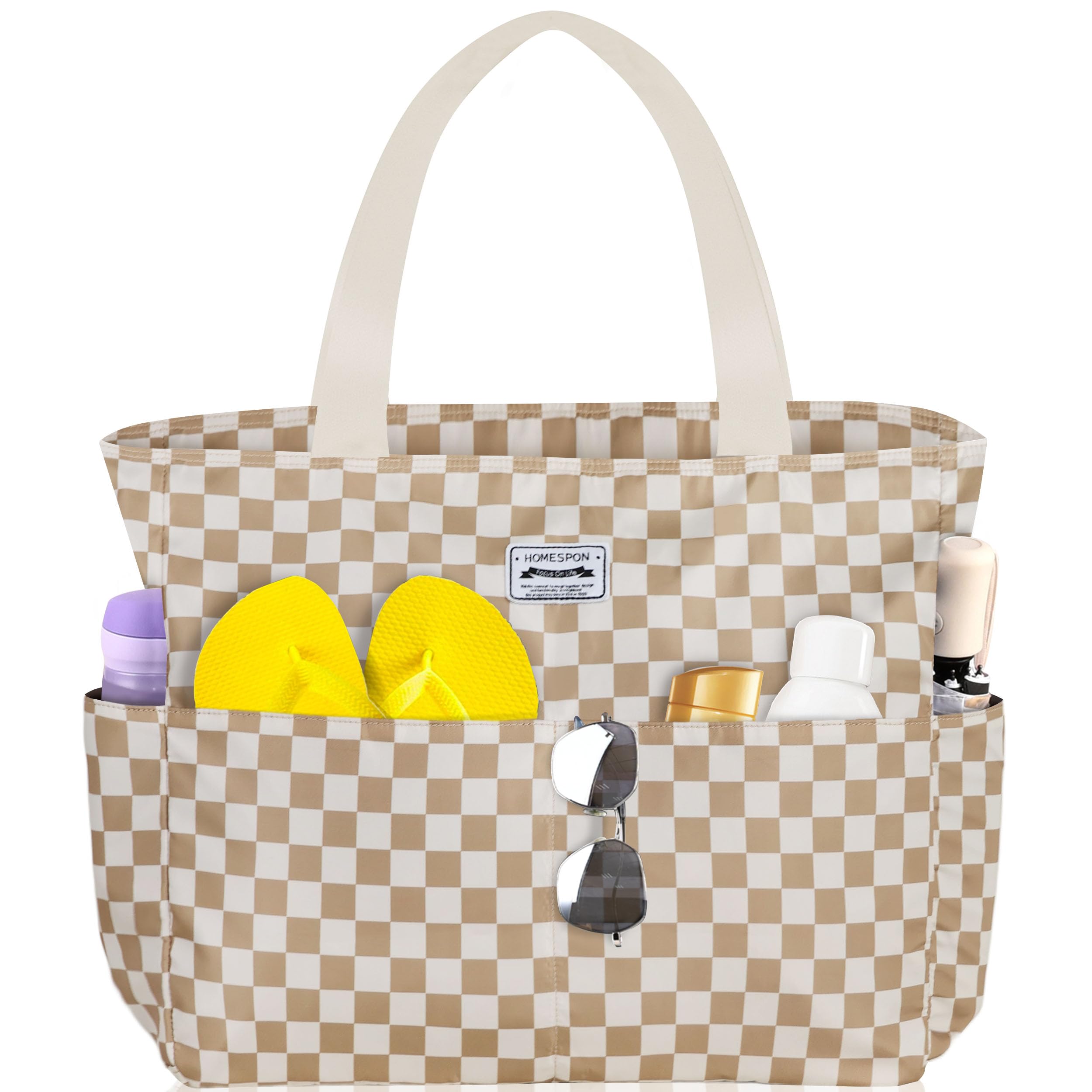 Photo 1 of HOMESPON Large Waterproof Beach Bag for Women Sandproof Tote Bag Pool Bag with Zipper and Pockets for Travel Vacation Gym (Checkered Brown & White)