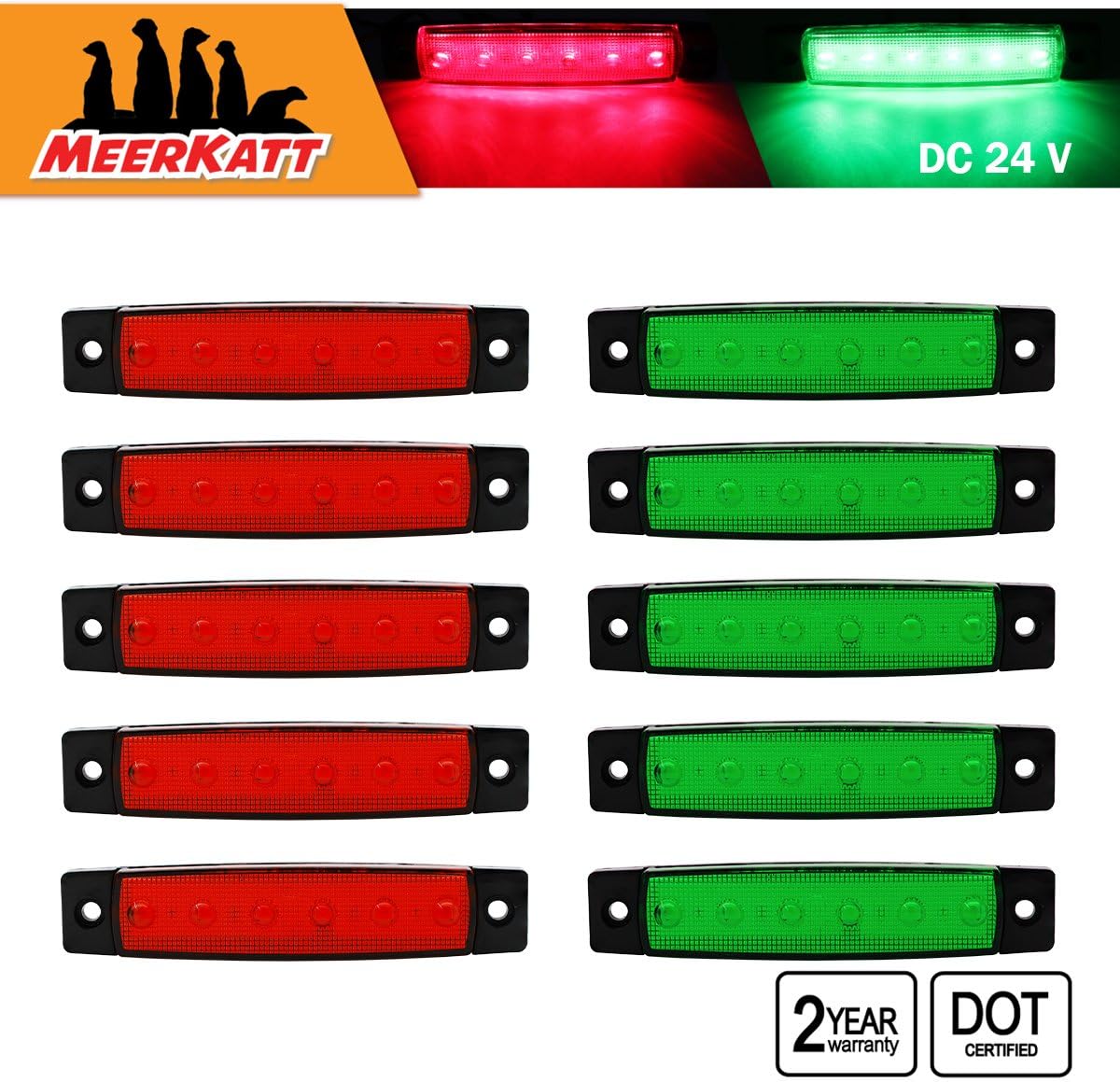 Meerkatt (Pack of 10) 3.8 Inch 5 Red & 5 Green 6 LED Side Indicator Marker Bright Waterproof Clearance Navigation Boat Lamp License Decoration Light Cars Truck Camper Lorry Trailer 24V DC Model TK24