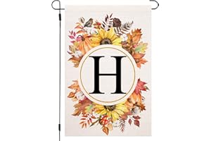 UTUICHUO Fall Monogram Letter H Garden Flag Maple Leaves Sunflower Pumpkin 12x18 Inch Double Sided for Outside Family Last Name Initial Yard Flag Seasonal Outside Decoration